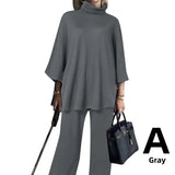 Celmia 2022 Spring 2pcs Knitted Pant Sets Women High Collar 3/4 Sleeve Top Fashion Wide Leg Long Pants Casual Loose Brushed