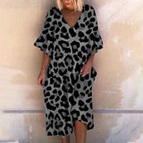 Women Office Autumn V Neck Loose Boho Dress 2022 Summer Short Sleeve Maxi Beach Dresses Elegant Leopard Print Long Party