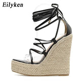 2022 New Champagne Gold Women Sandals Black Lace-up Peep toe Summer Wedges High Heels Large Size 35-42 Elegant