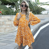 Elegant Floral Print Mini Dress O Neck Loose Casual Pleated Dress Lantern Long Sleeve Beach Dress Summer Autumn
