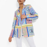 Autumn Women Streetwear Printed Suit Collar Top Suit Jacket Casual Long Sleeves Slim Elegant Buttons Office Ladies
