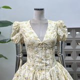 Gentle Photo Photo Small Beautiful Bow Garden Print V Collar Bubble Short Sleeves To Pick Up The Waist Fluffy Dress