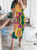 Women Summer Short Sleeve Boho Dresses Belt Office Lady Elegant Button Lapel Shirt Dress Spring Printing Draped Long Party