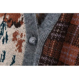Chic Floral Plaid Patchwork Cardigans Women Fashion Pockets Buttons V-Neck Sweaters Female Casual