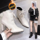 Breakj Women's Shoes Rivevet Tip With High Heel Ankle Boots Thick Heel Leather Boots Fashion Women's