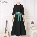 Elegant Dress Sets Women Summer Short Sleeve Button Up Top High Waist Belted Skirts ZANZEA Casual Lady Oversized Matching Sets