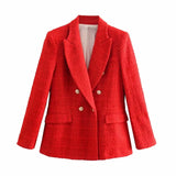 Elegant Red Double Breasted Tweed Jacket Women 2021 Fashion Pockets Turn-down Collar Coats Female Chic