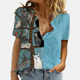 Women Elegant Office Simple Turn-down Collar Cartoon Print Casual Shirt Fashion Summer Short Sleeves Button Cardigan