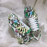 New Thick-soled Increased Women's Sports Shoes Women Casual PU Leather Hand-painted Graffiti White Shoes Outdoor