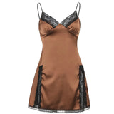 Patchwork Lace Slip Satin Sexy Dress Women V Neck Backless Sleeveless A Line Mini Dresses Ladies Party