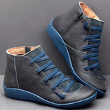 2022 New Women's Casual Flat Leather Retro Lace-up Boots Side Zipper Round Toe Shoe Leather Ankle Boots Zapatos Mujer Wram