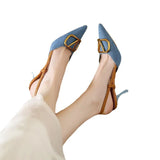 Breakj Wind High Heels 2024 New French Shallow Pointed With Thin Denim High Heel Sandals Summer
