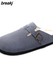 2023 New Winter Unisex Cork Slippers Casual Women Plush Inside Men Buckle Nubuck Leather Closed Toe Slide Slip on