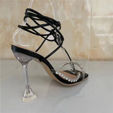 PVC Transparent Cross Women Clear Crystal Thin High Heel Stilettos Sexy Lace Up 2021 Summer Sandals Shoes Open Toe Ladies