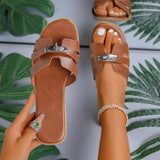 People Wearing Casual Cool Slippers Women's New Summer Metal Buckle Flat Bottom Beach