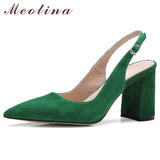 Genuine Leather Slingbacks Shoes Women High Heels Kid Suede Thick Heel Pumps Buckle Pointed Toe Ladies Footwear Size