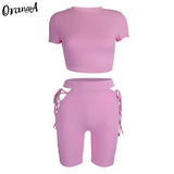 Puss Ribbed Fitness Women Tracksuit Matching Set Short Sleeve+Bandage Hollow Out Biker Shorts Sporty Casual 2Piece