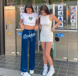 Puss Letter Embroidery Straight Pants Velvet Women Drawstring High Waist Trousers Casual Baggy Wild Streetwear