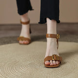 Vintage Real Soft Leather Buckle Open-Toed Sandals Women's Summer New Brown Heeled High-Heeled Mary Jane