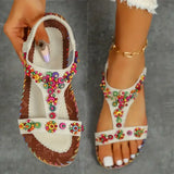 Beaded Flowers Flat Heeled Sandals Women Summer 2023 Plus Size Open Toe Bohemian Sandals Woman Elastic Strap Rome