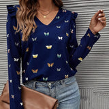 Spring Autumn Hot Deals Women Long Sleeve Tops Lady Fashion Slim Pullover Shirts Elegant V-neck Butterfly Pattern Chiffon
