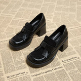 British Style Women's Shoes Fashion Loafers Spring Autumn Bow-knot Square Toe Chunky High Heel Brown Small Leather