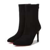 Zipper Pointed Short Boots Children Follow The 2023 Autumn And Winter New Velvet Thin Leg Medium Tube Large-Size High-Heeled Elastic