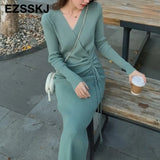 2021 thick dress warm autumn winter maix sweater dress women bodycon v-neck Drawstring long dress female slim elegant