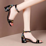 Size 41 Summer Women Sandals Embroider Ankle Strap Sandal High Heels Dress Shoes Flower Ladies Shoes Sandalias