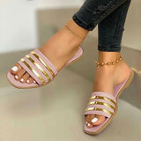 2022 Bling Metal Striped Slippers Women Summer Flat Shoes 2021 Fashion Slip On Slides Outdoor Female Casual Women's