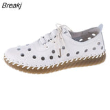Sole Hollow Single Shoes Women's 2023 Vintage Leather Low Heels Casual Shoes Female Outdoor Lace Up Non Slip Loafers