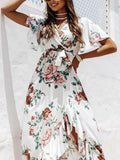 Summer Short Sleeve Belted Women Long Dress Lady Fashion Floral Print Boho Dress New Wrap V Neck Ruffle Irregular Party