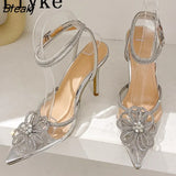 Summer Party Elegant Women Wedding Prom Shoes Crystal Buckle Pointed Toe Rhinestone High Heels Pumps Ankle Strap