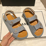 Buckle Denim Sandals Women Double Band Flat Jeans Sandalias Brand Plaid Sandales Back Hook&Loop Summer Shoes Woman