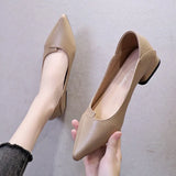 Breakj Women Leather Pumps Shoes Office Lady Med Square Heel Pointy Toe Slip on Work Shoes Classic Heel 4 Cm High Heels