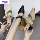 Spring Autumn Women Sandals Pointed Toe PU Cross Strap Pump Buckle Female Casual Solid Footwear Comfortable Retro Ladies