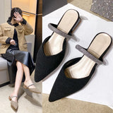 Breakj 2024 New Korean Version Of Cloth Baotou Half Drag Diamond Thick Heel Slippers Lazy Slippers Women's