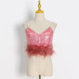 Sexy Solid Tank Tops For Women V Neck Sleeveless Patchwork Feathers Camis Female Summer Fashion Clothing Style