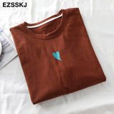 summer Women basic heart embroidery T-shirt Casual Loose short sleeve bottom candy color cotton T-shirt Female