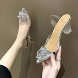 Breakj Spring And Summer New Pointed Word With Sunflower High Heels Transparent Crystal Shoes Coarse Heel Glass And Sandals