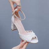 Breakj Cm Fish Mouth High-Heeled Sandals Shallow Mouth Lace Flower Large Size Sandals Bride Wedding Silk Satin Cloth Coarse Sandals