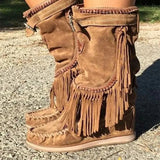 Boots Woman Pleated Tassel Mid-calf Boots Womens Sewing Footwear Buckle Leather High Heels Shoes Female Plus Size