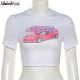 Puss Y2K Summer Skinny Women Graphic T Shirts Navel Trend Print O-Neck Stretchy Short Sleeve Crop Top Streetwear Slim