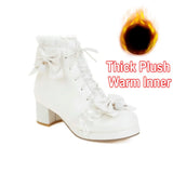 Chunky High Heel Lolita Shoes Butterfly-knot Cloth Plush Inner Women Cosplay Princess Ankle Boots Winter Autumn Pink White