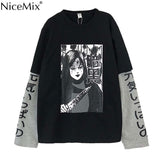 Harajuku Sweatshirt Women Patchwork Unisex Pullovers Japanese Anime Print Comics Jumpers Fake 2 Pieces Woman