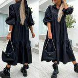 Dress Loose Women Party Dresses Sexy Turn-down Collar Button Office Lady Robes Retro Half Sleeve Long Dress Robe