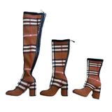 Breakj New 2024 Plaid Over-The-Knee Boots High Heel Round Head Boots Women's Thick Heel Rear Zipper Versatile Stretch