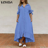 Women Shirt Dress 2022 VONDA Casual Solid Color 3/4 Sleeve Party Long Maxi Dresses Asymmetric Hem Ruffled Vestido Beach