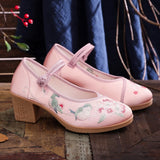 Breakj Heel Square With Women's Shoes A Word Buckle Shallow Spring And Summer New Embroidered Cloth Shoes With Horse Face Skirt High Heel Embroidered