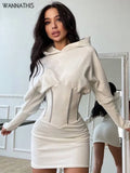 Corset Mini Dress With Hat Long Sleeve Women Bodycon Casual Fashion White Autumn Ladies Elegant Sexy Dresses 2021